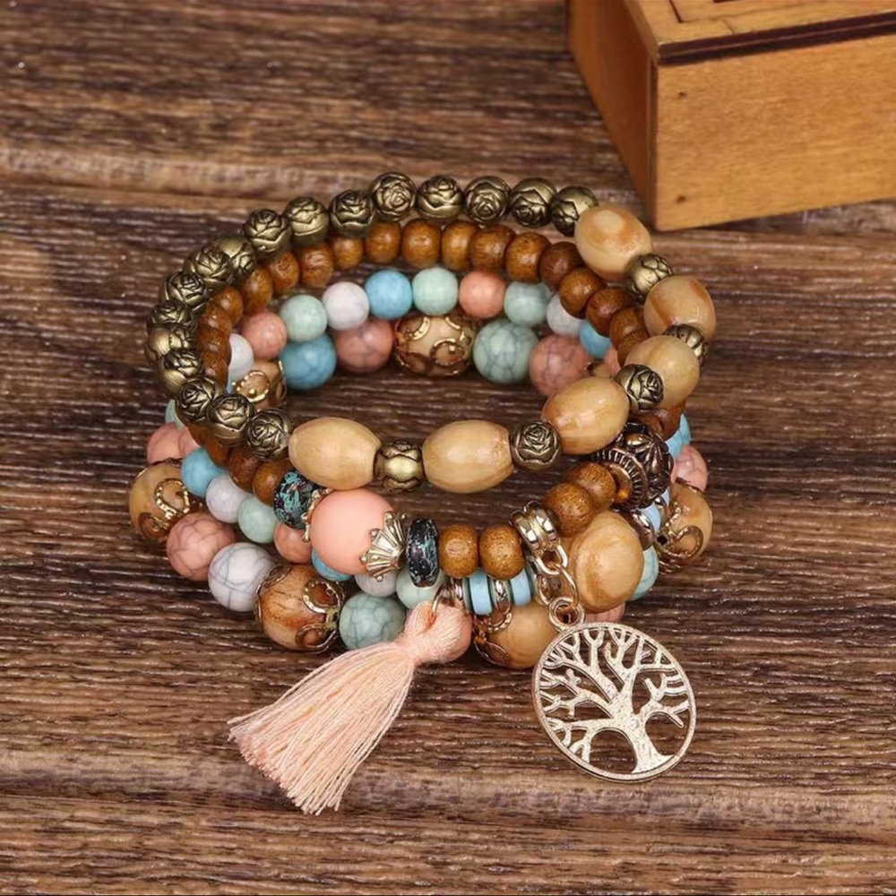 Handmade Tree & Tassel‎ Charms Beads Multilayer Bracelet Vintage Wrap Bracelet